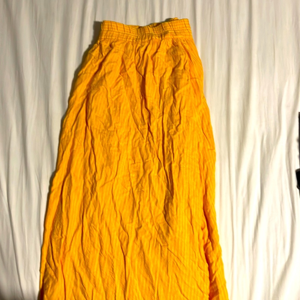 A New Day mustard yellow striped circle skirt with pockets. Work once!